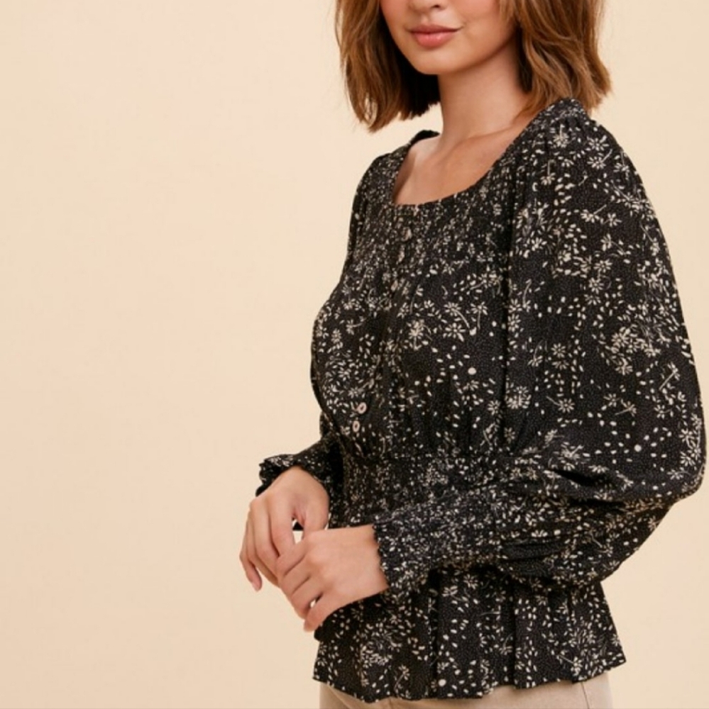 SMOCKED BUTTON FRONT PEASANT TOP